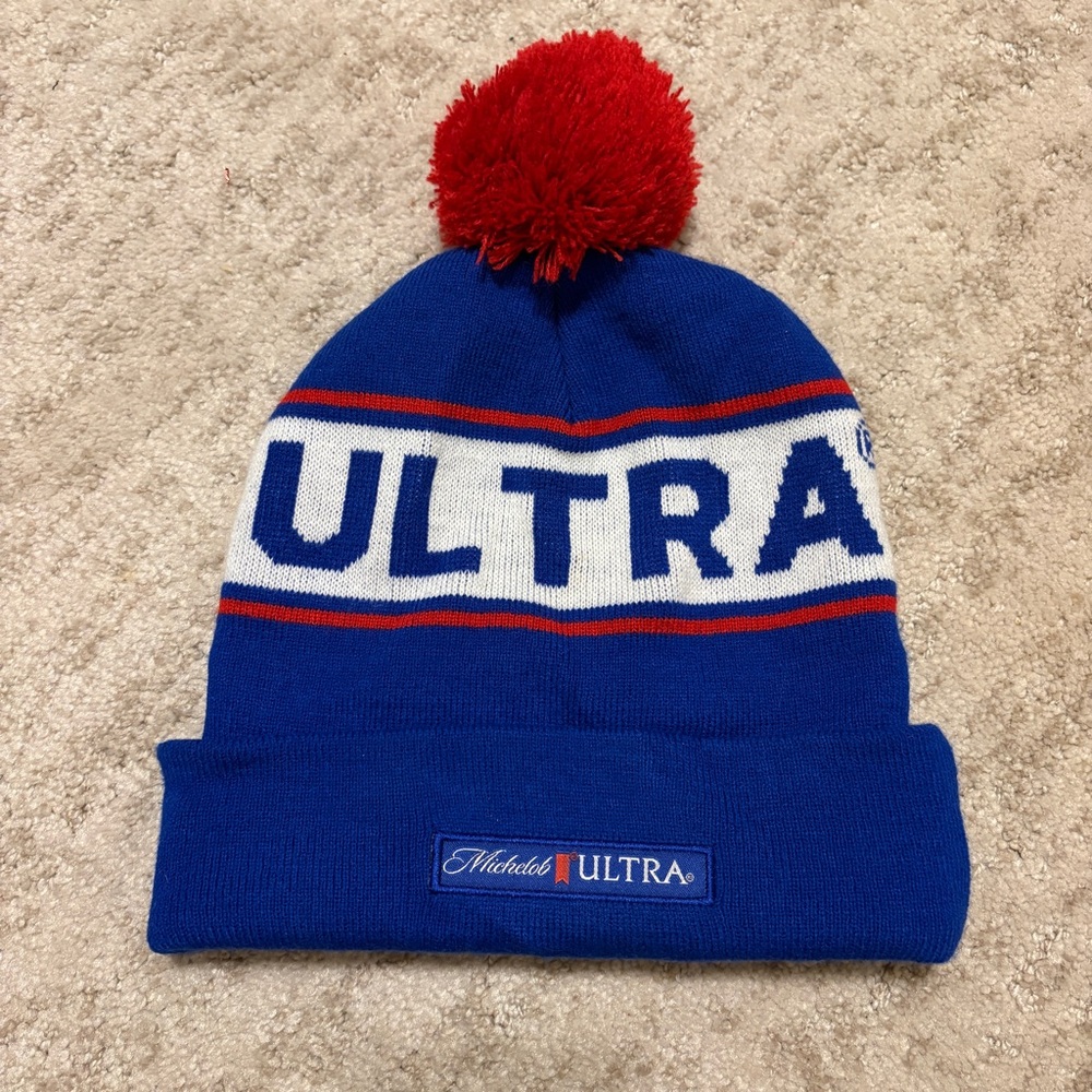 Michelob Ultra Live Pom Pom Hat Beanie Red White Blue One Size Adult